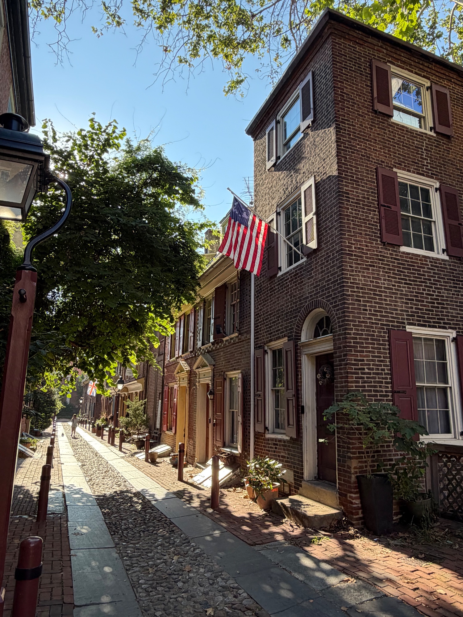 Brick row houses with shuttered windows and a flag along a leafy cobbled lane