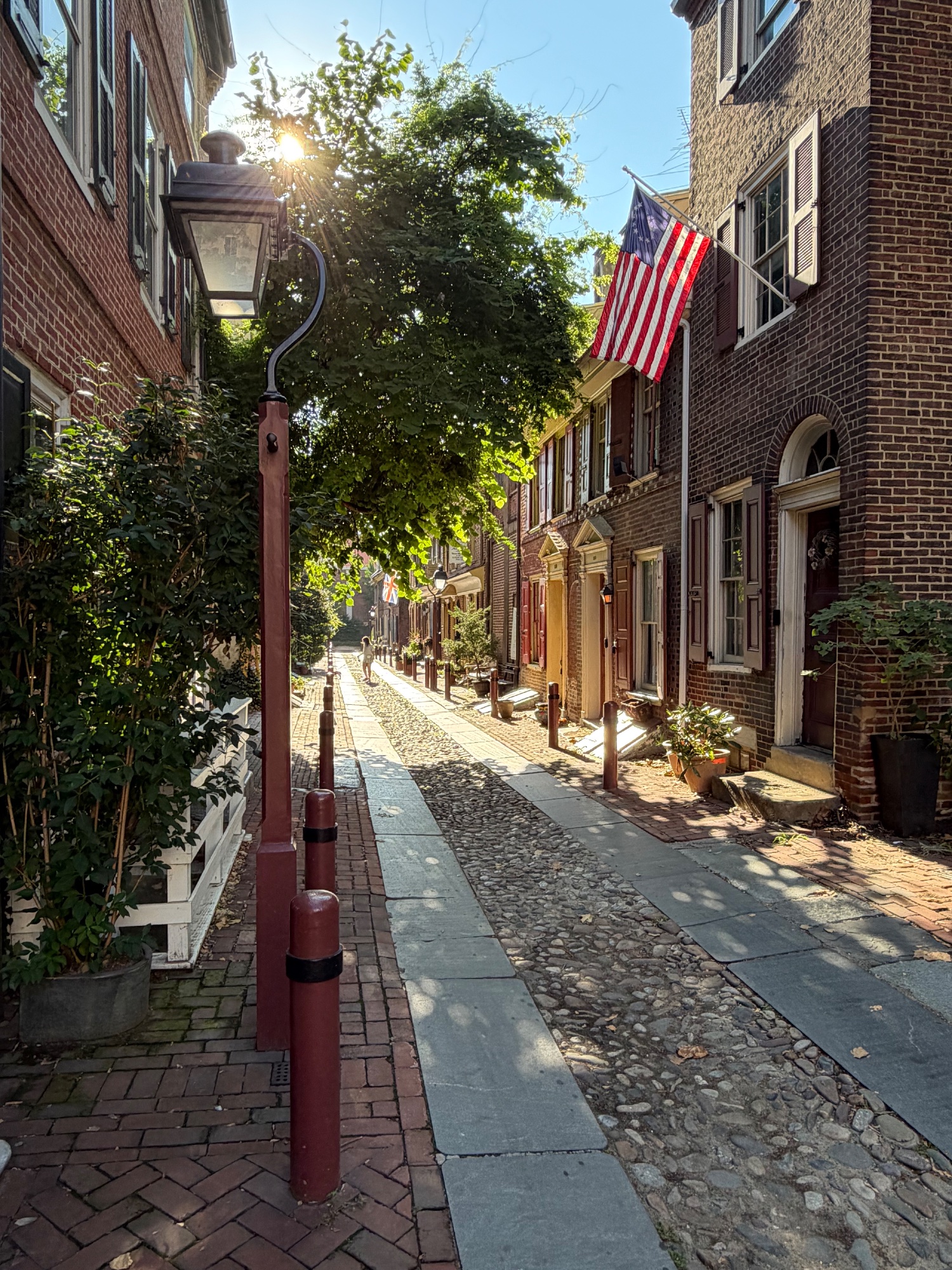 Narrow cobbled alley of brick houses under overhanging trees, iron bollards along the path